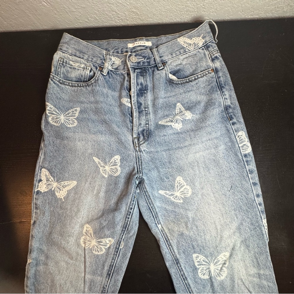 PacSun Blue Straight Leg Jeans with Butterfly Design